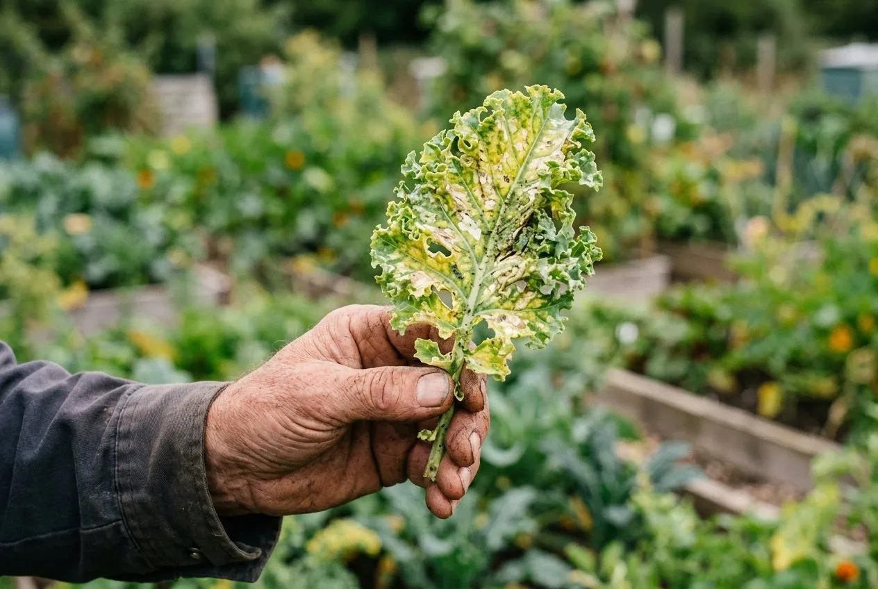 A curly kale leaf showing yellow and whitish discolouration and puckered distortion from aphid feeding