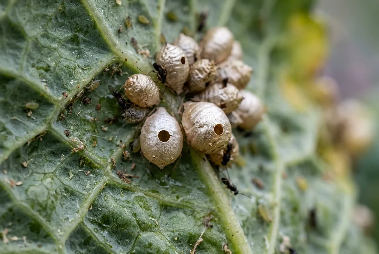 Pale swollen bronze aphid mummies on a cabbage leaf underside, some with round exit holes cut by parasitic wasps