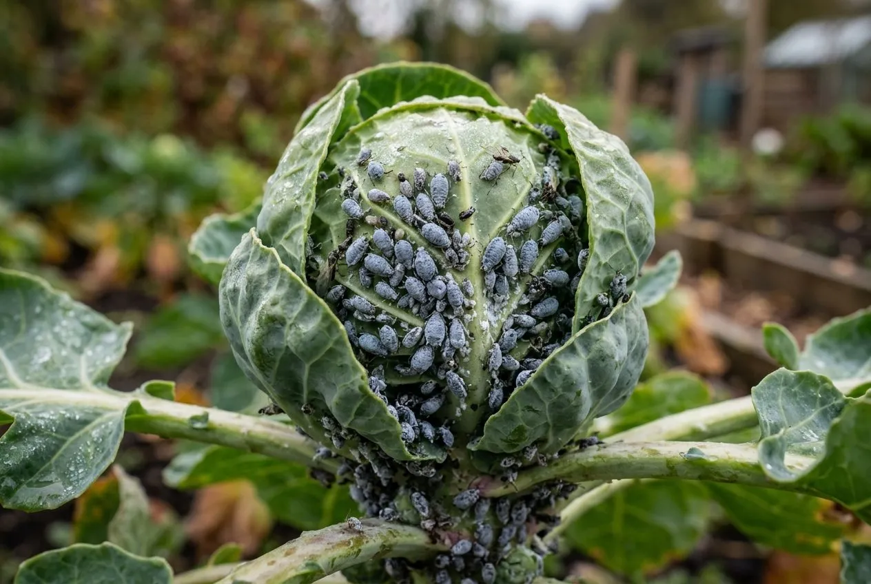 Grey-blue mealy cabbage aphids clustered inside a Brussels sprout button on the plant