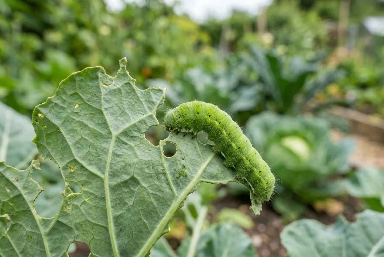 A green cabbage white caterpillar chewing a ragged hole in a brassica leaf