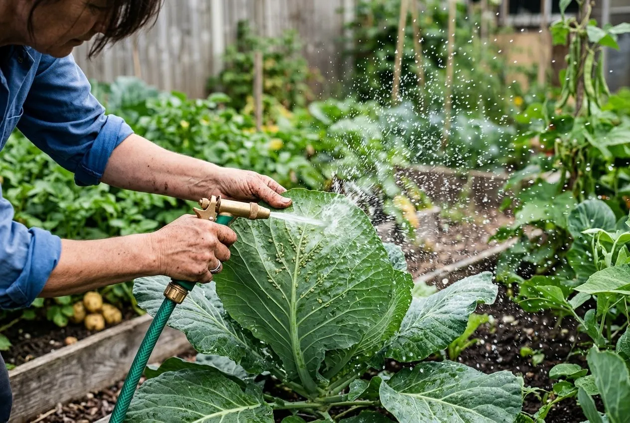 A gardener's hands using a hose jet to blast aphids off the underside of a cabbage leaf, water droplets in motion
