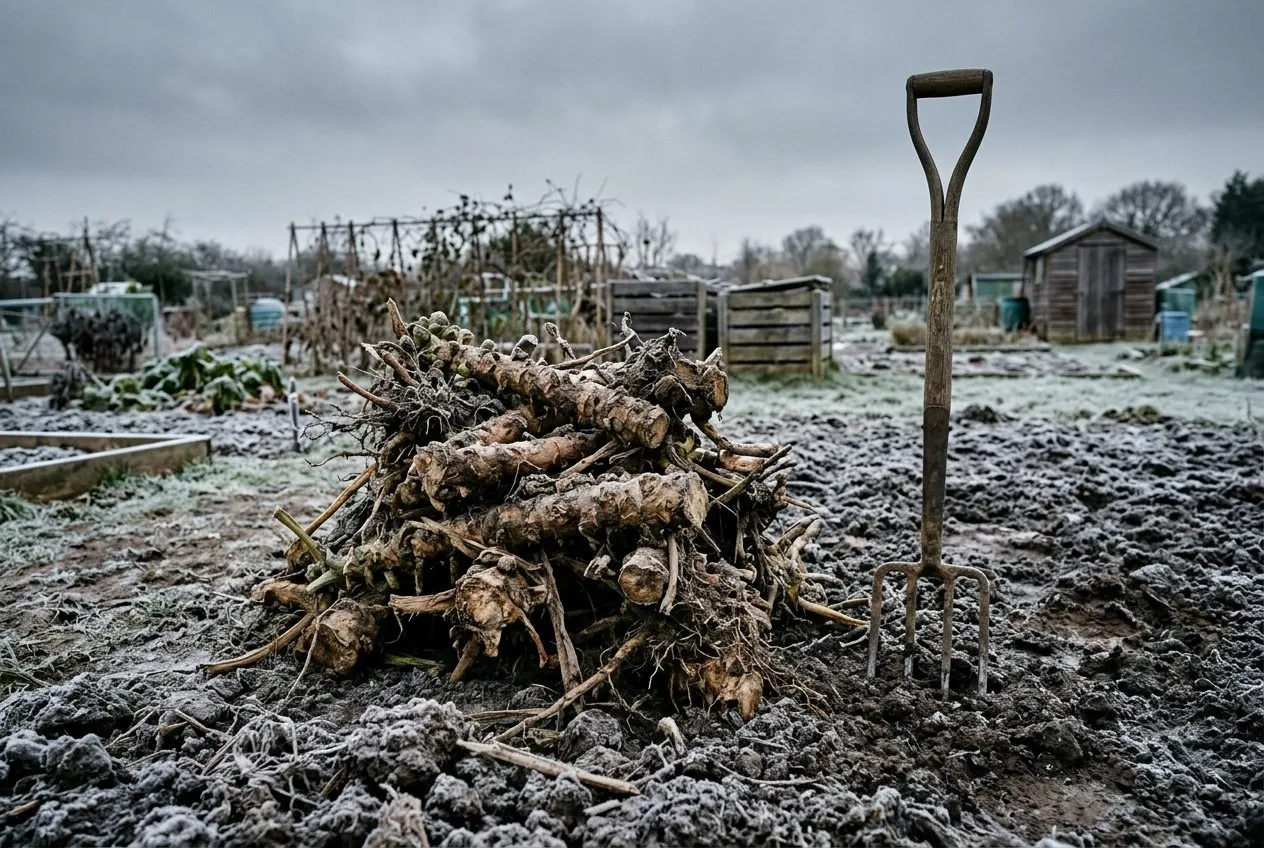 Old woody Brussels sprout and cabbage stumps pulled from the soil and stacked on a frosty winter allotment