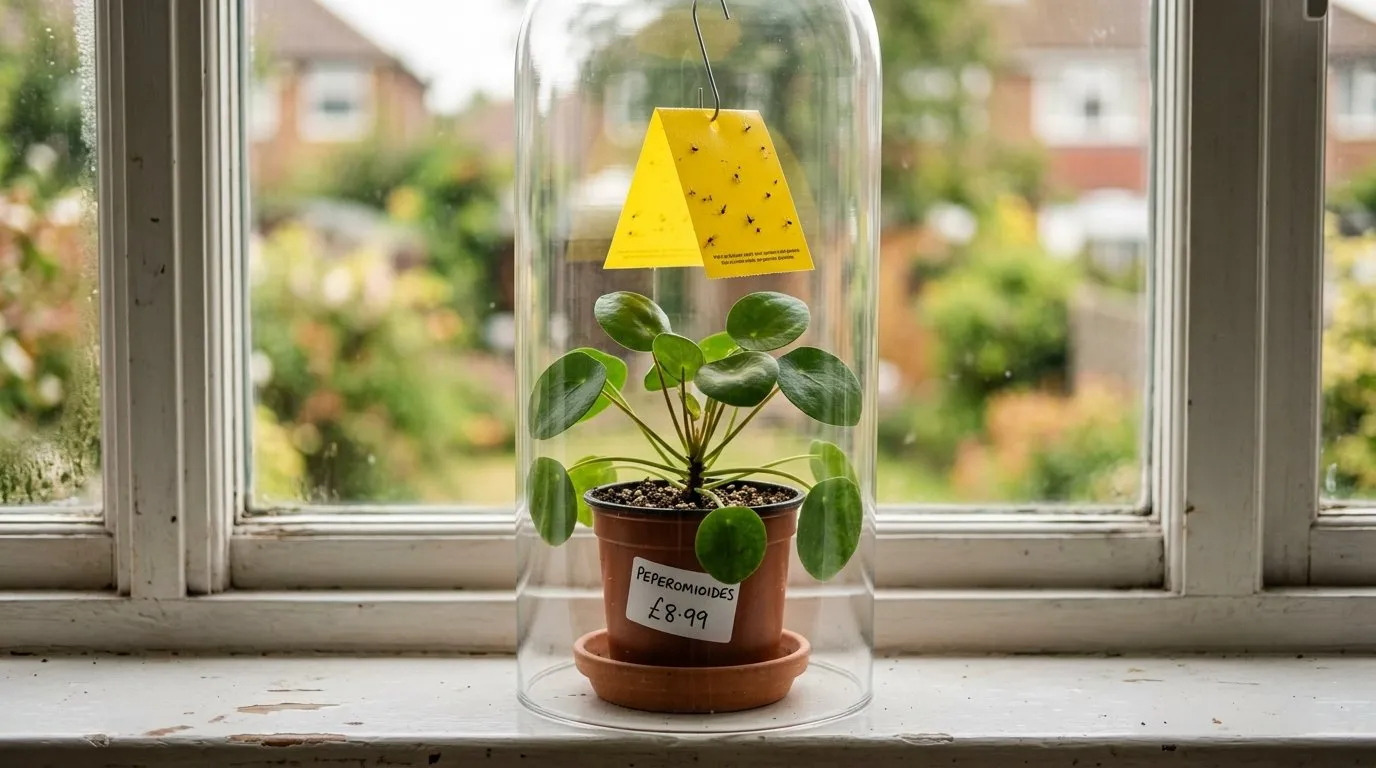 A new houseplant in quarantine isolation on a separate UK windowsill with a yellow sticky trap monitoring for mealybug