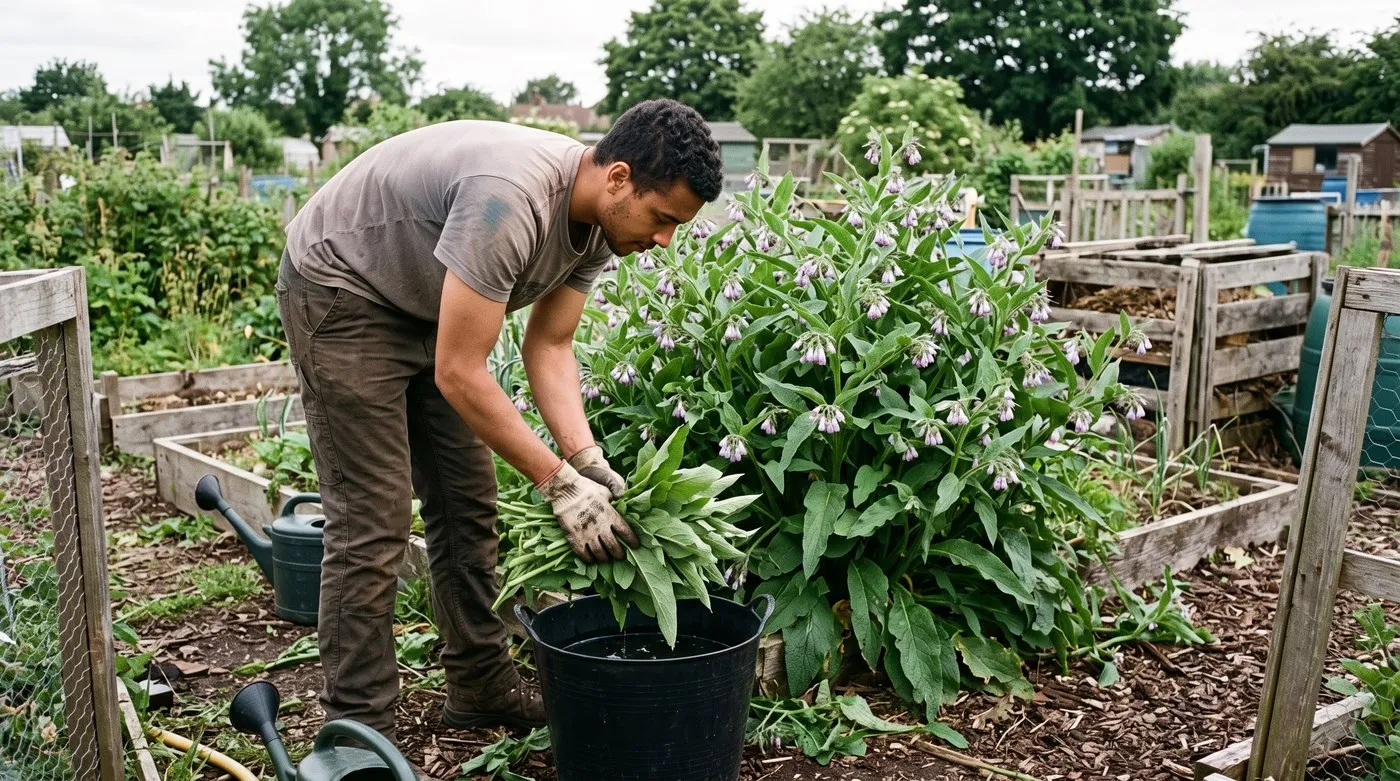 Man in gloves packing cut comfrey leaves into a bucket of water to make liquid plant feed