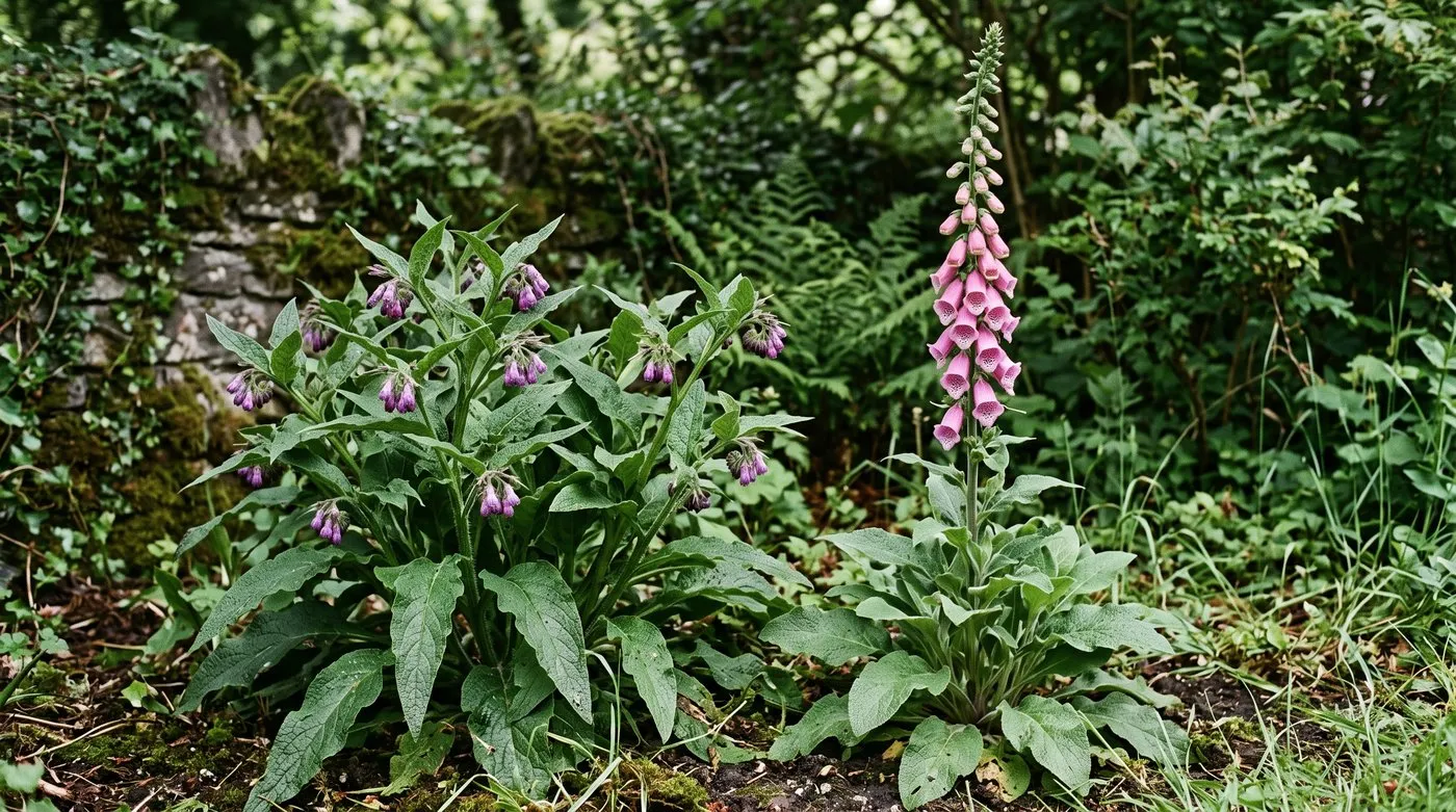 Comfrey with drooping purple bell flowers growing beside a foxglove with a tall spotted flower spike