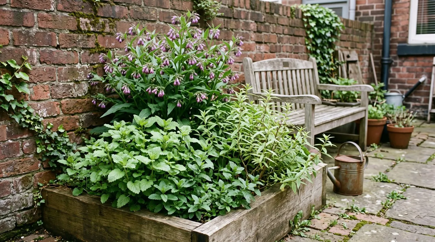 Raised herb bed with tall flowering comfrey at the back and lemon balm and mint in front