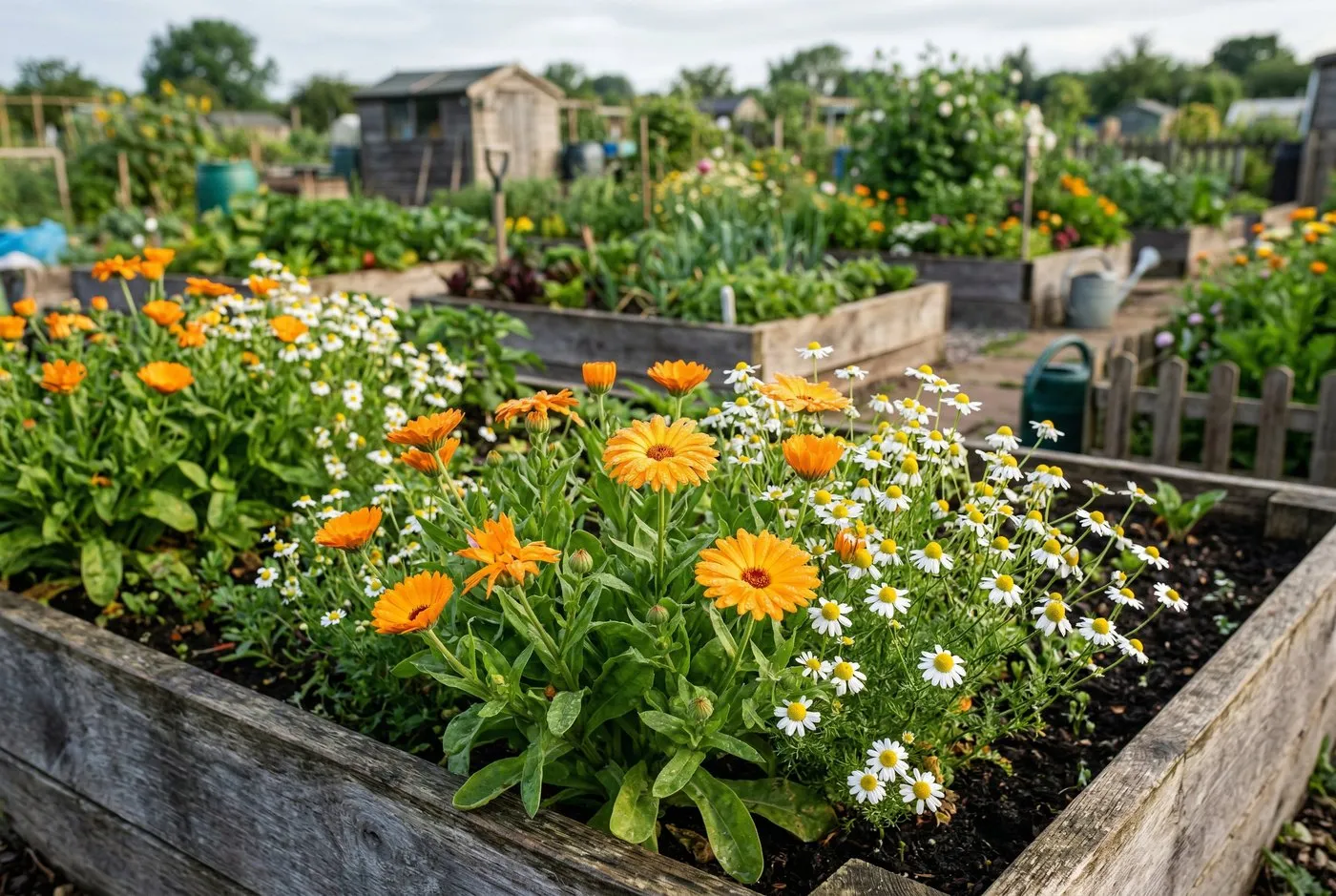 Calendula and chamomile growing in a medicinal herb garden raised bed