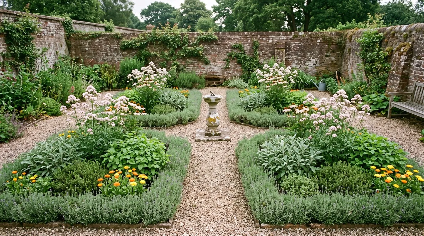 Four lavender-edged herb beds around a stone sundial, planted tall in the middle and low at the front