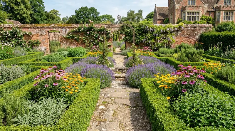 Formal medicinal herb garden with echinacea, calendula, and lavender in bloom behind box hedging