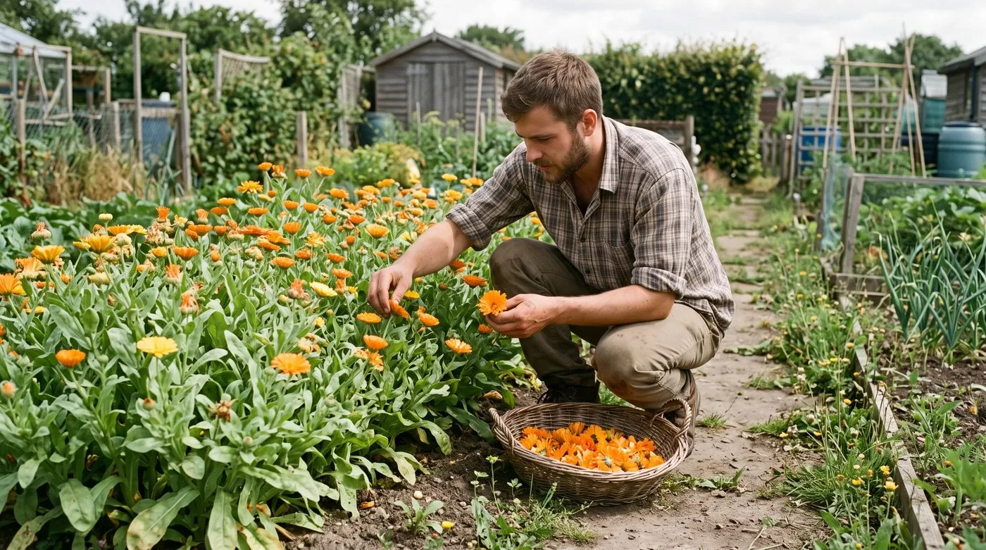 A young man picking bright orange calendula flowers into a basket from a sunny allotment bed