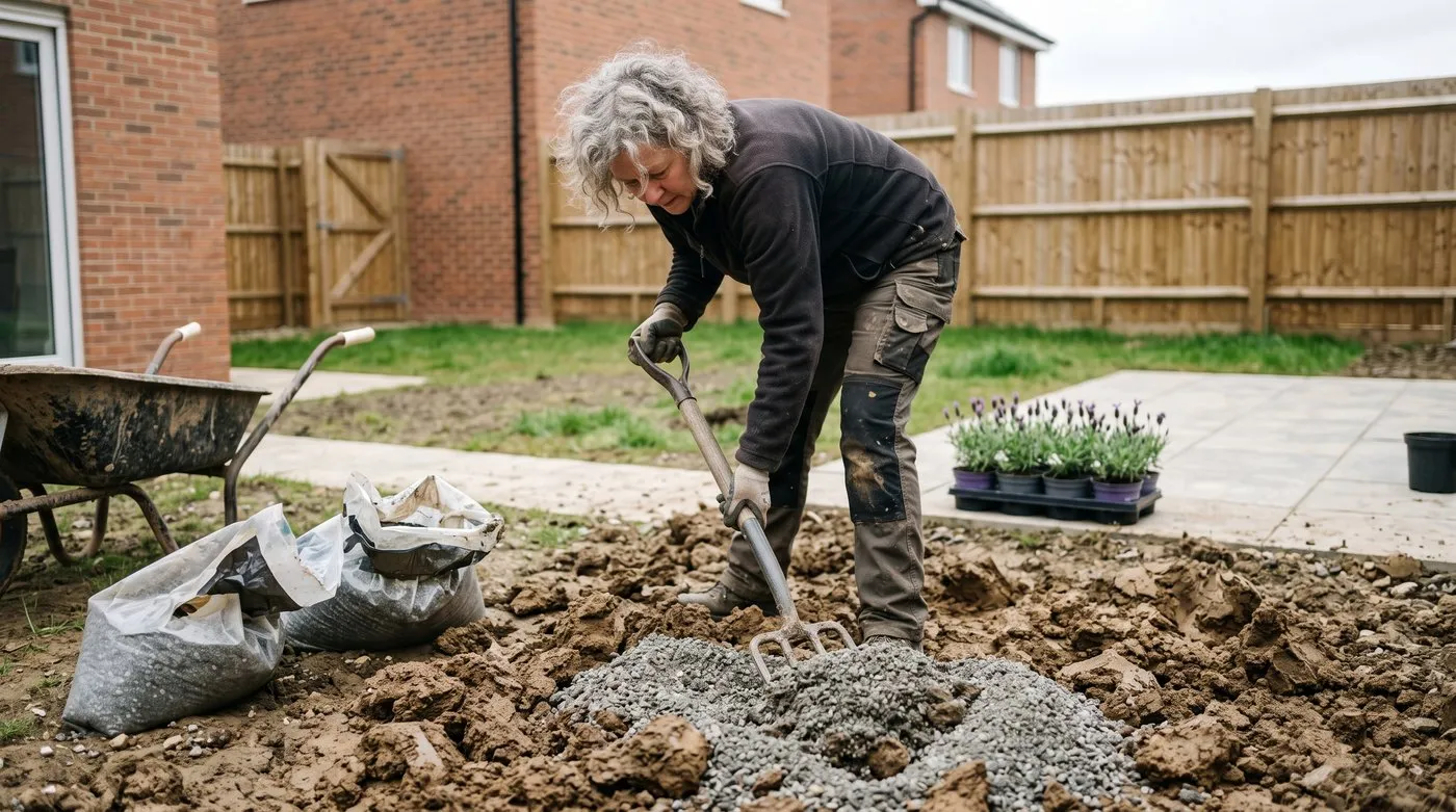 A woman forking coarse grit deep into heavy clay soil before planting lavender