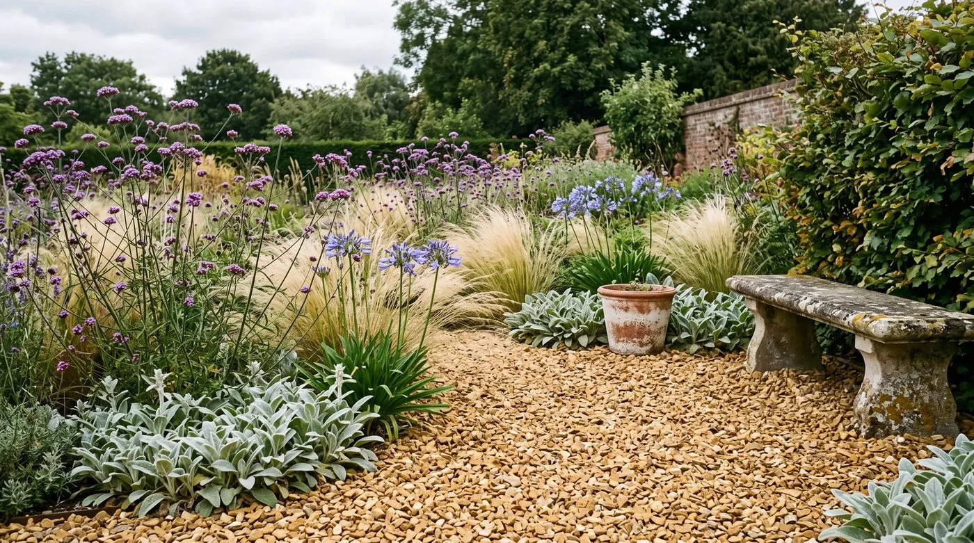 Verbena bonariensis, Stipa tenuissima and agapanthus growing through warm honey-coloured gravel