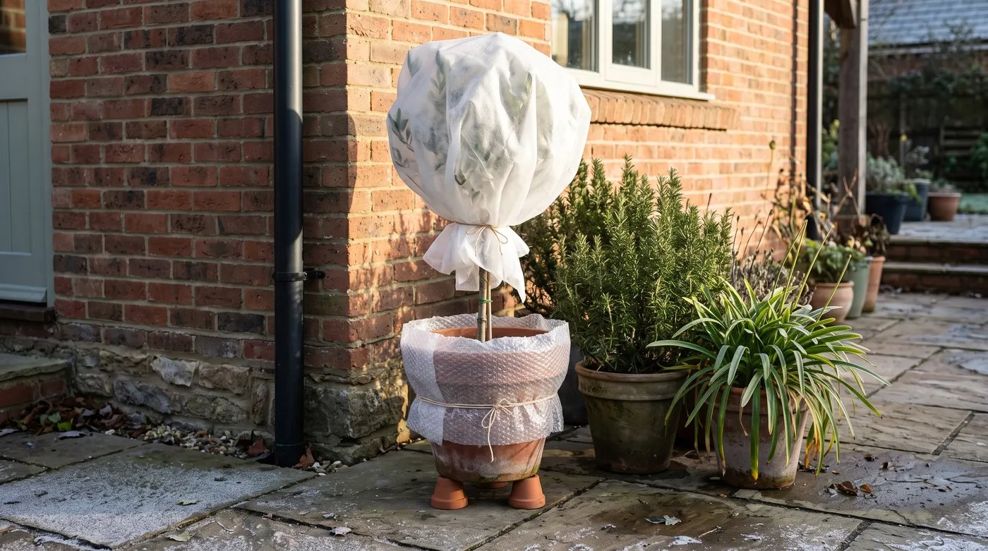 A young potted olive wrapped in fleece with its pot in bubble wrap against a sunny wall in winter