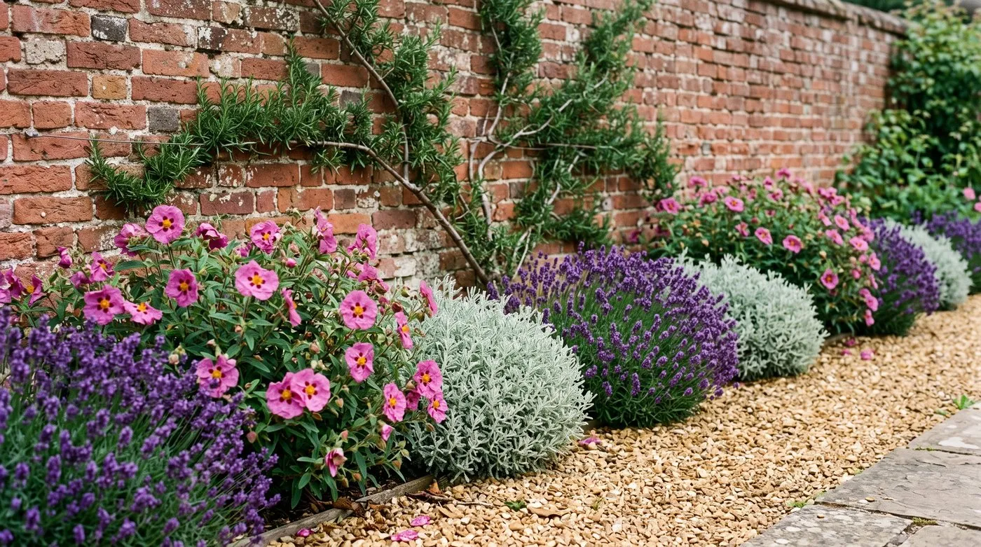 A border of cistus, lavender, santolina and rosemary along a sunny brick wall with gravel mulch