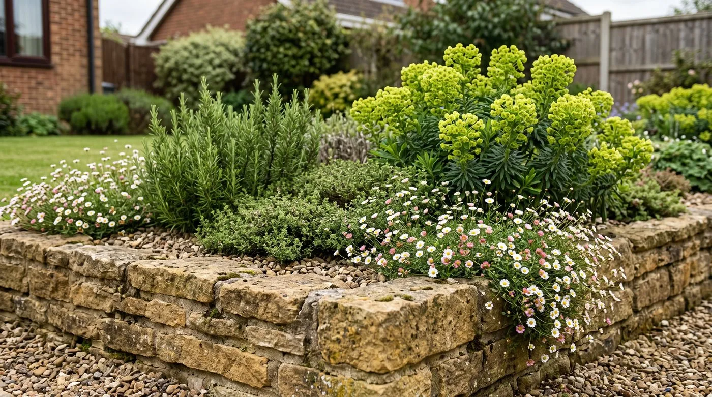 A honey-coloured stone raised bed of rosemary, thyme, euphorbia and tumbling Mexican fleabane