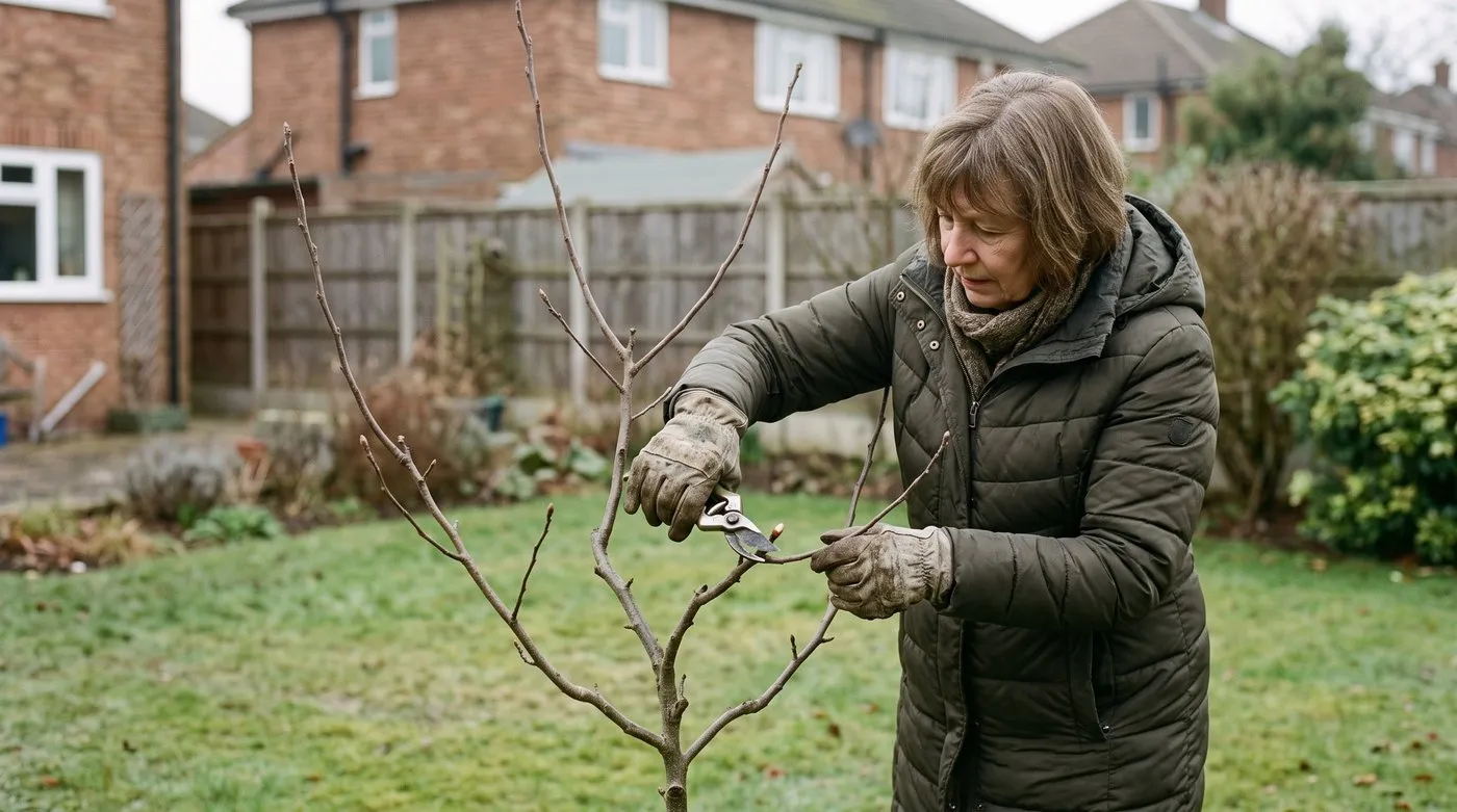 Older woman pruning a young, bare medlar tree into an open goblet shape in winter