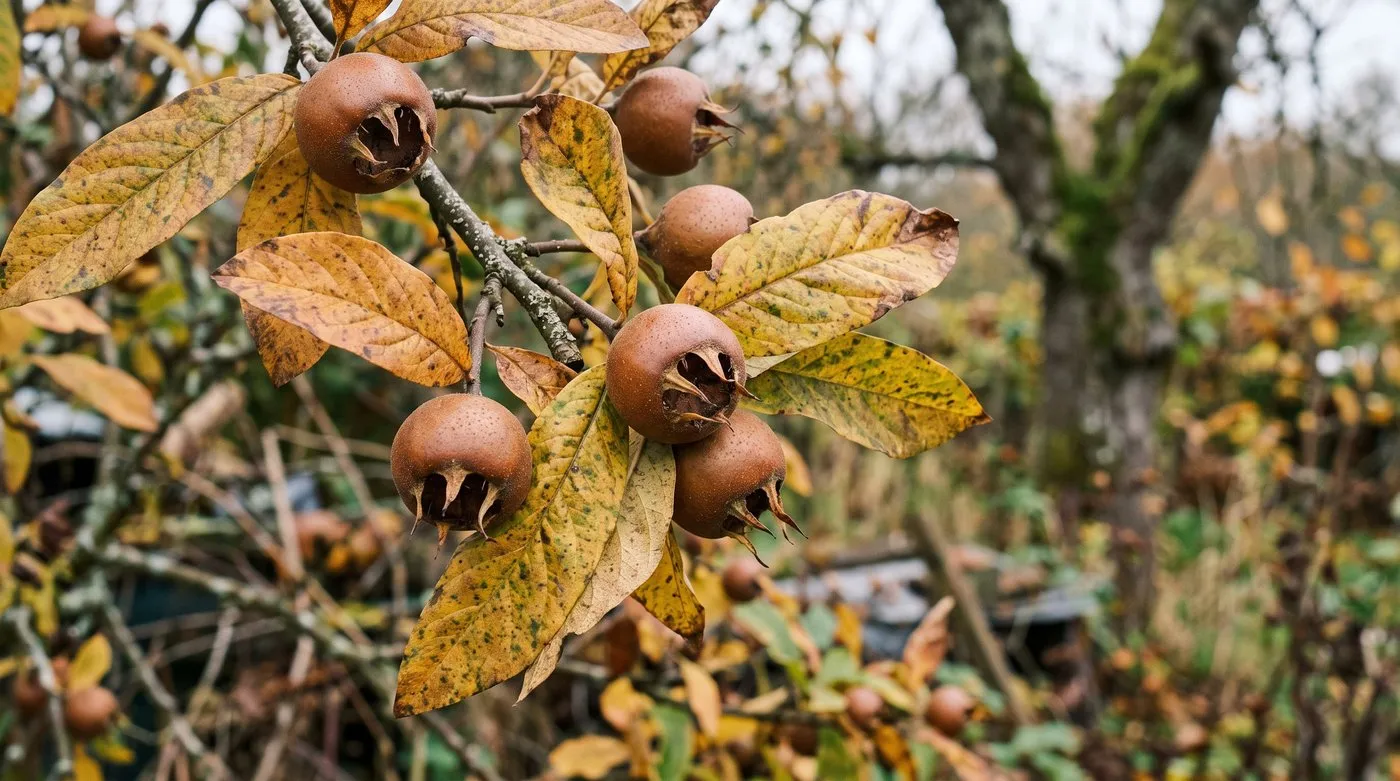 Hard russet-brown medlar fruits ready to pick among golden autumn leaves