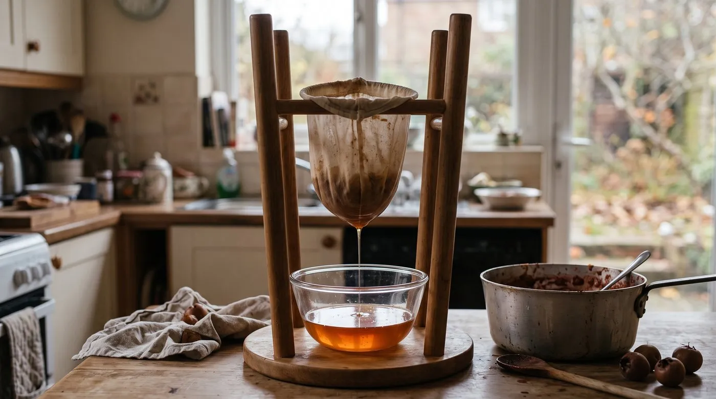 Jelly bag dripping clear amber medlar juice into a glass bowl in a kitchen
