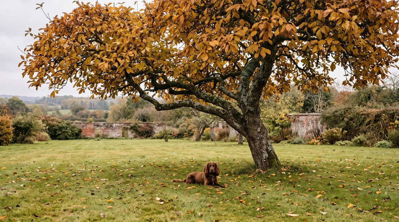 Mature medlar tree with gold and russet autumn leaves on a lawn, with a spaniel lying beneath