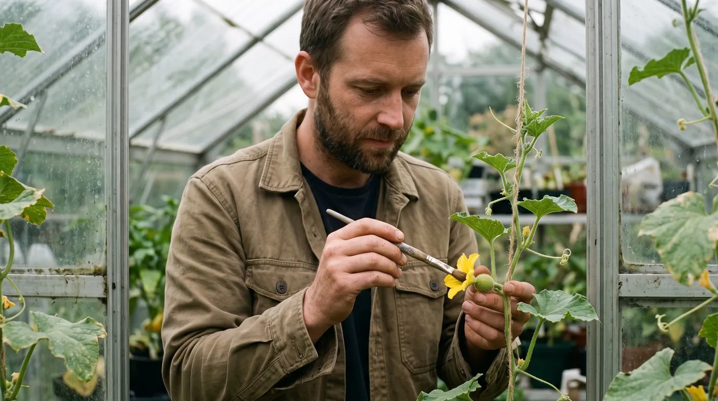 Man dabbing pollen into a female melon flower with a soft paintbrush in a greenhouse