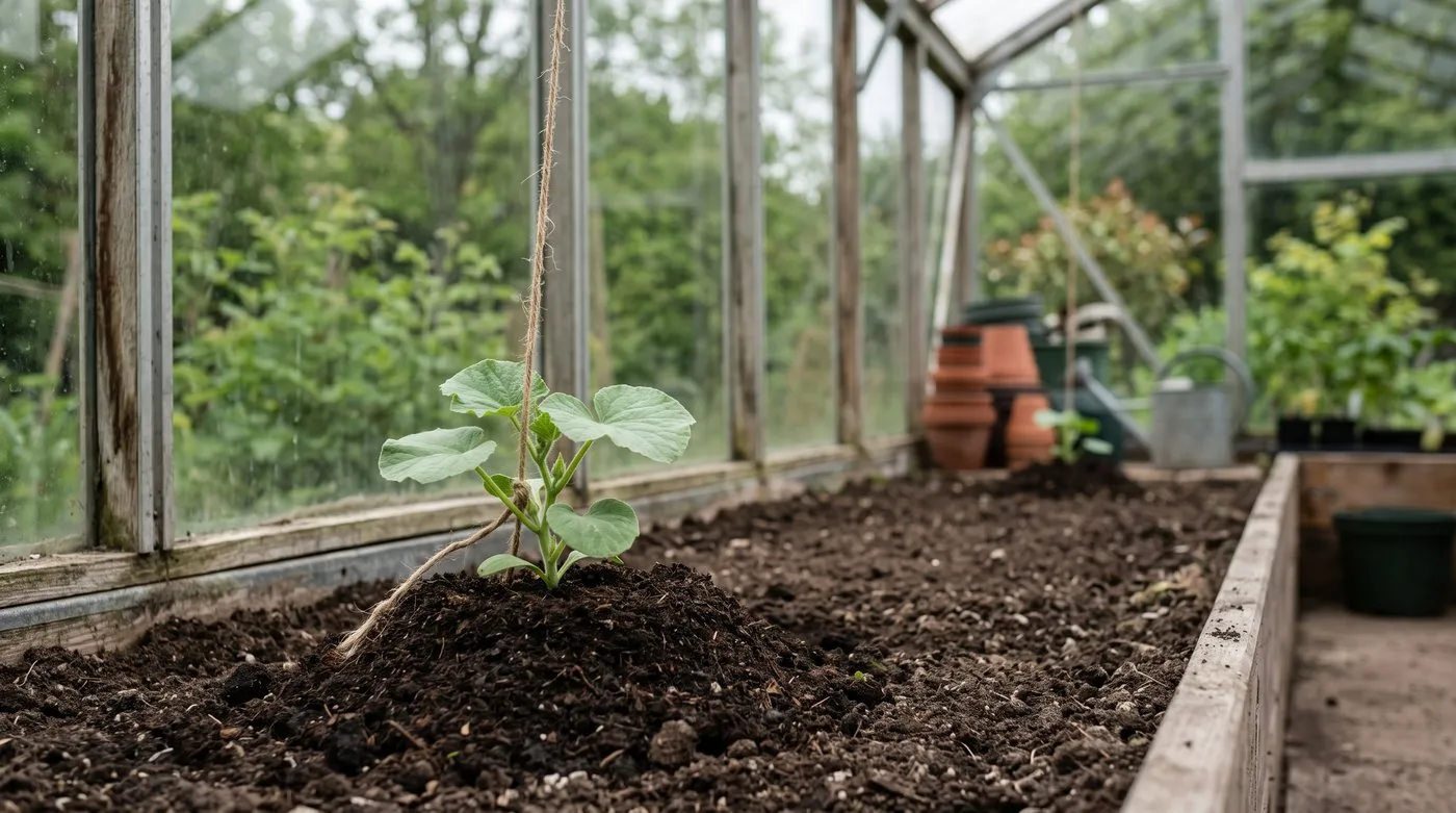 Young melon plant on a small mound in a greenhouse border with a training string