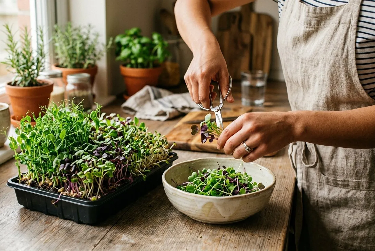 Harvesting microgreens with small scissors into a ceramic bowl on a kitchen worktop