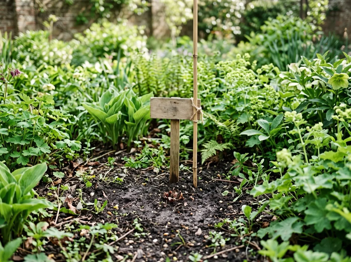 A plant label which marks the crown of a late-emerging milkweed in an otherwise growing spring border