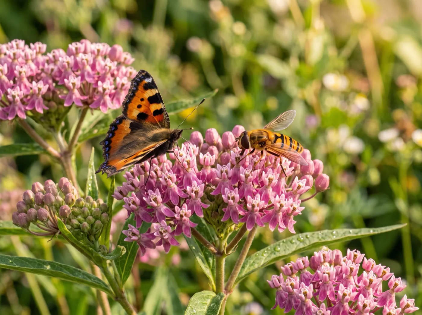 A hoverfly and a small tortoiseshell butterfly feeding together on pink milkweed flowers in a UK wildlife garden