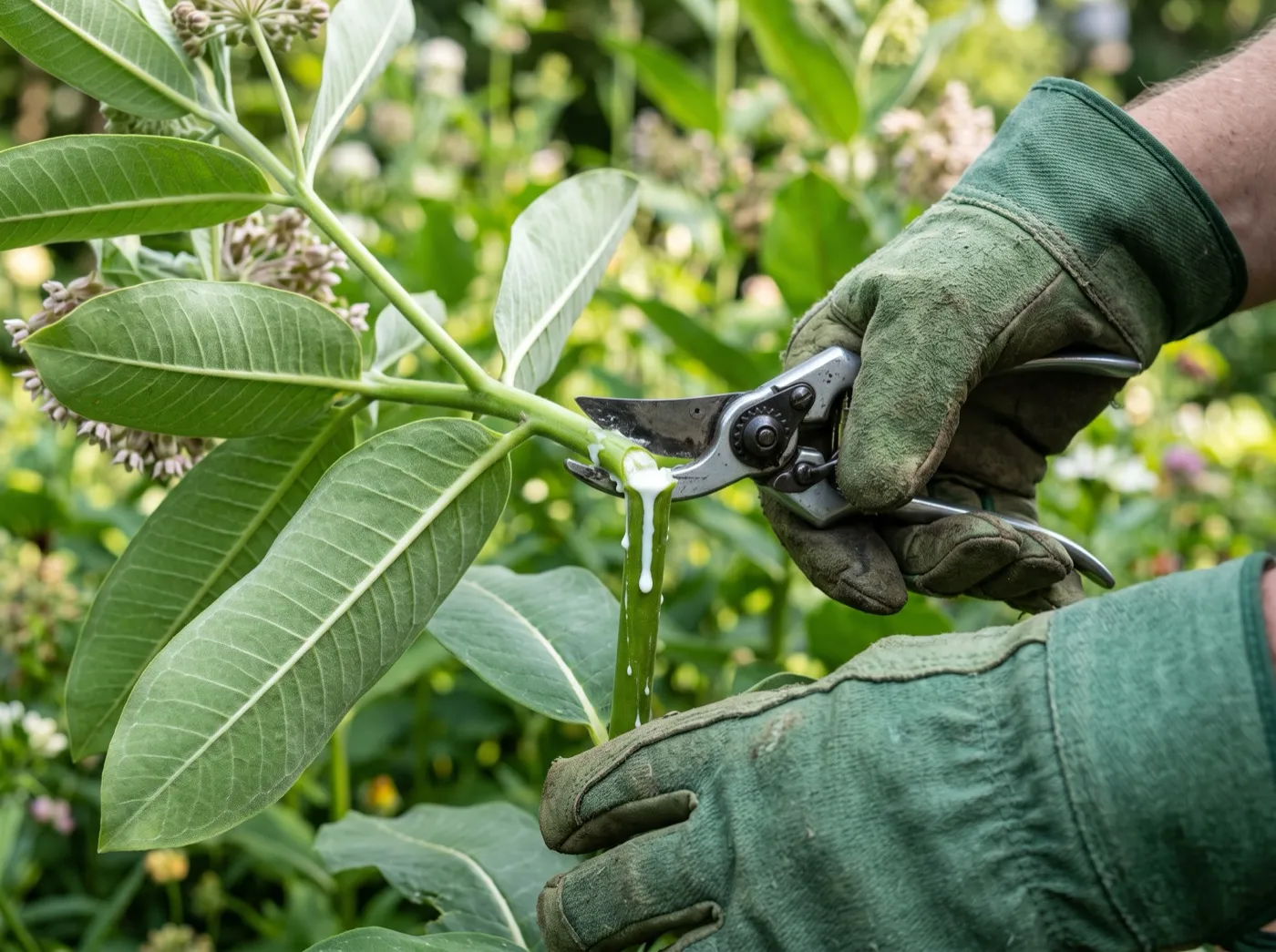 A gardener wearing gloves cutting a milkweed stem, showing the toxic white milky sap bleeding from the cut
