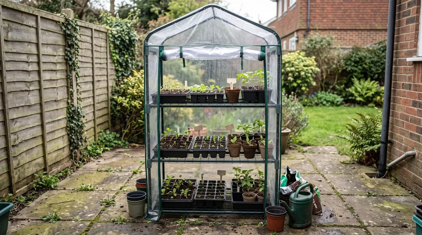 A freestanding mini growhouse with seed trays on its shelves, standing on a patio