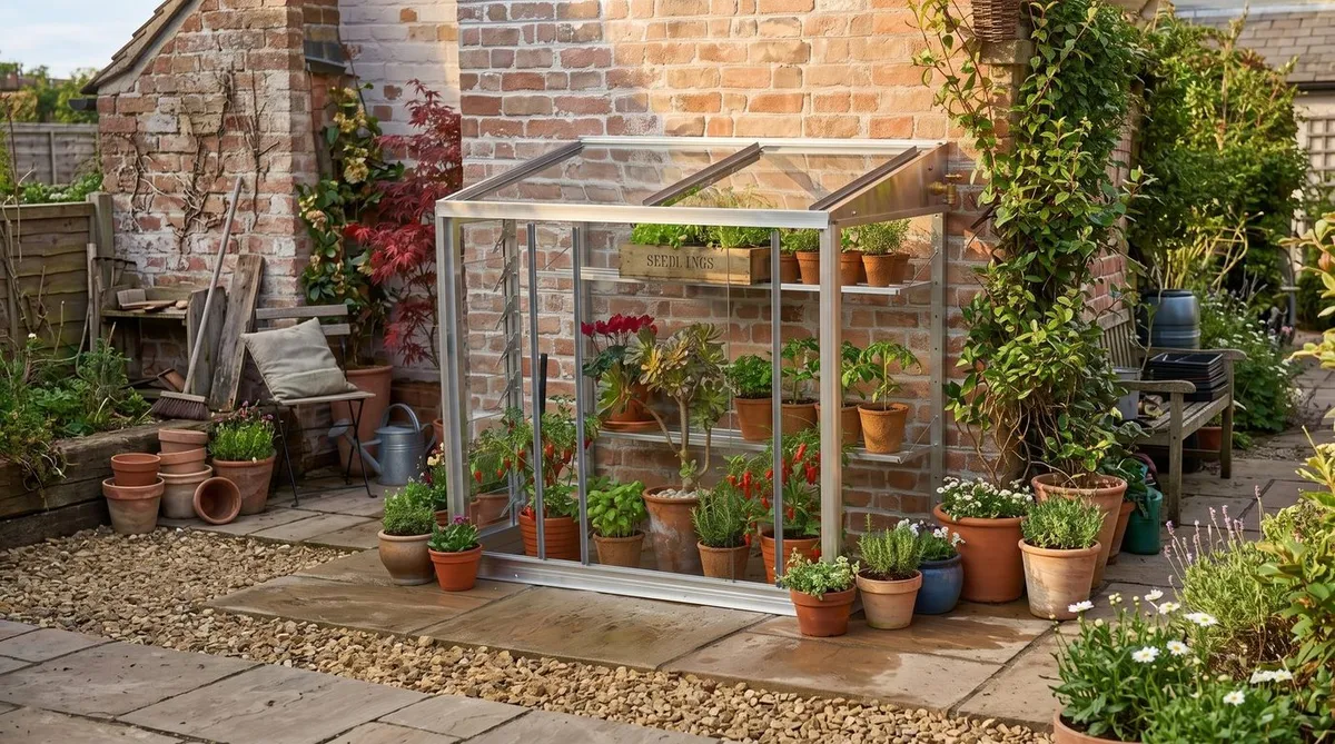 Lean-to mini greenhouse fixed to a south-facing wall in a small UK garden
