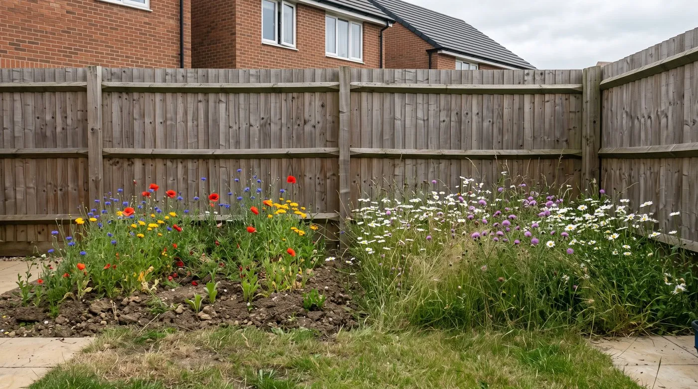 Poppies and cornflowers in an annual patch beside ox-eye daisies and knapweed in a perennial meadow patch