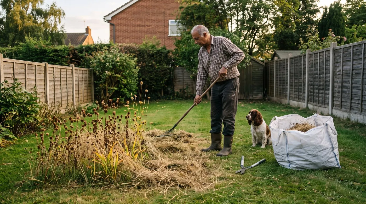 Gardener raking dried cuttings off a small cut meadow patch while a spaniel watches from the lawn