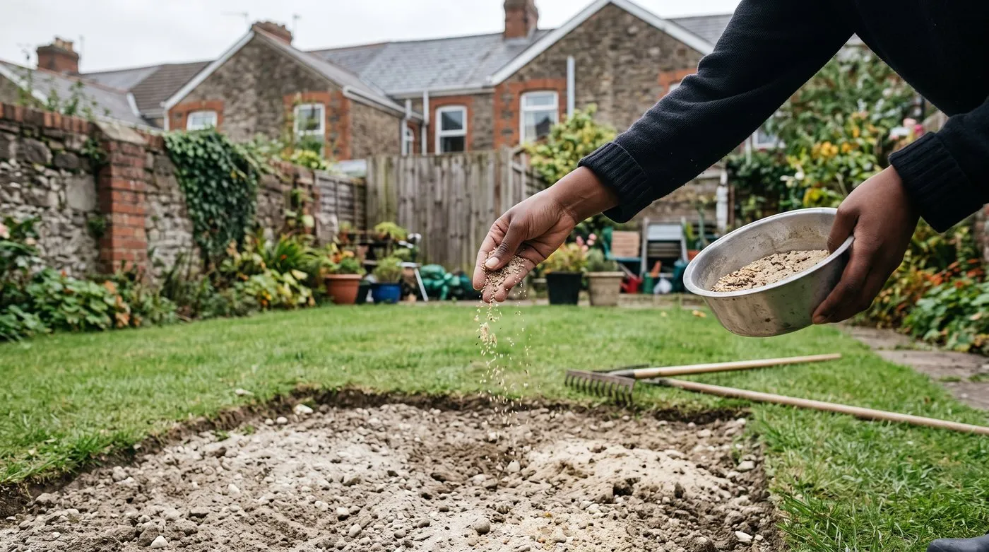 Hands scattering wildflower seed mixed with sand over a raked patch of stony stripped soil beside a lawn