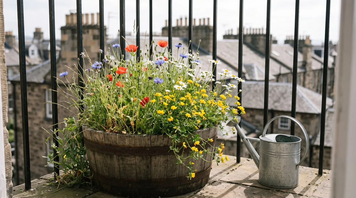 Half-barrel planter on a city balcony filled with poppies, cornflowers and ox-eye daisies
