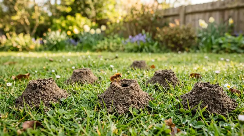 Several small volcano-shaped mining bee mounds with central holes in a UK garden lawn in spring