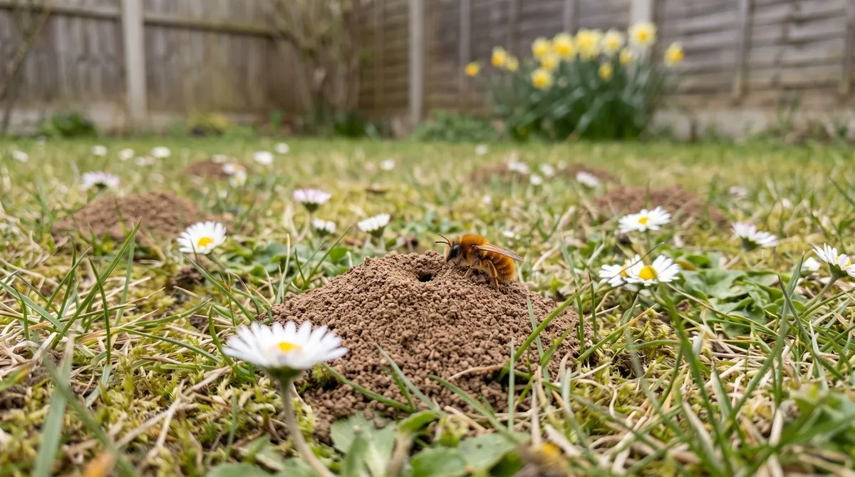 Small mining bee mounds with central holes in a spring lawn, with a fox-red tawny mining bee landing