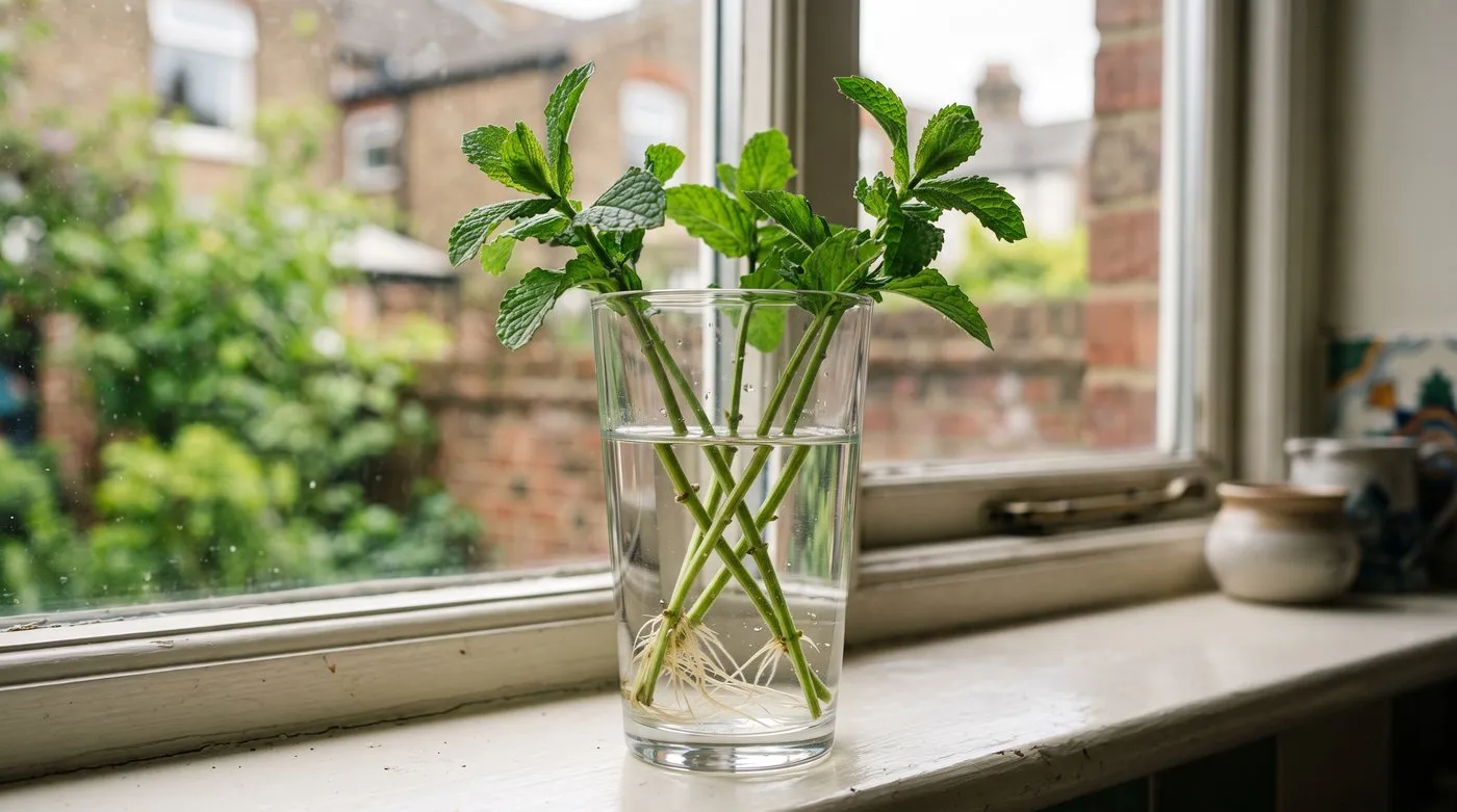 Mint cuttings with white roots growing in a glass of water on a kitchen windowsill
