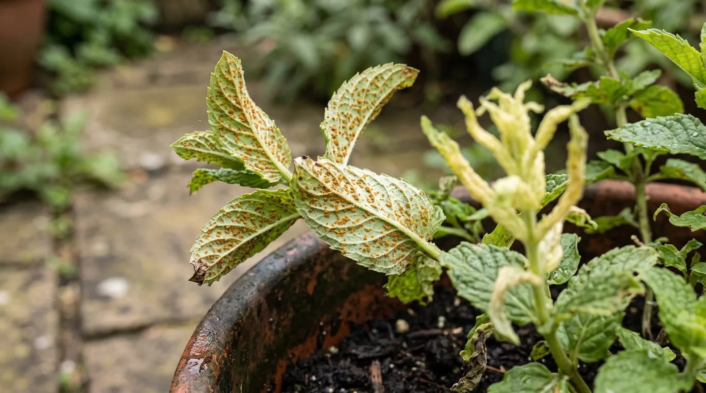 Orange-brown mint rust pustules on the underside of mint leaves