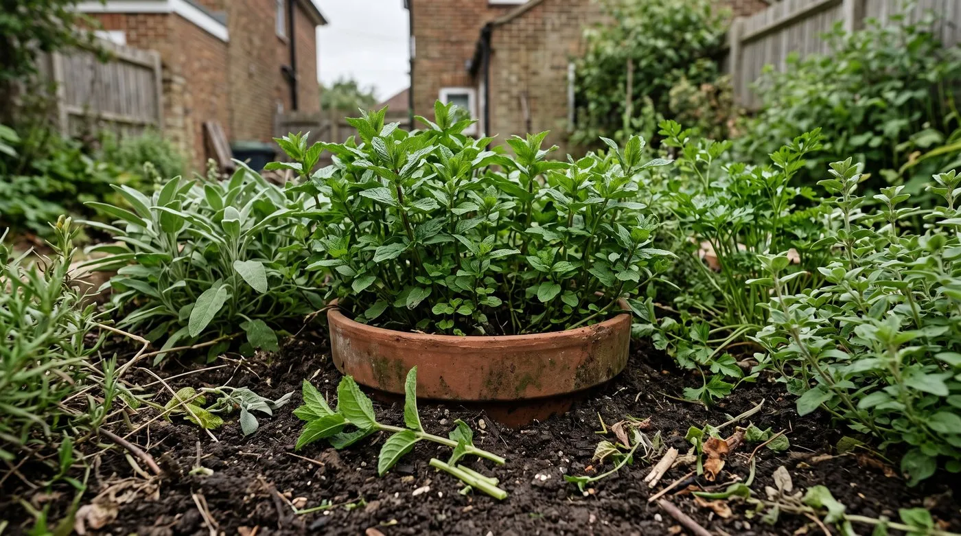 Spearmint growing in a pot sunk into a border, with the rim showing above the soil
