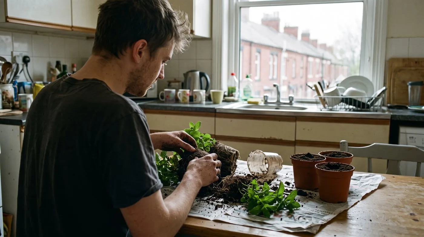 Young man splitting a crowded pot of mint into clumps to pot up separately