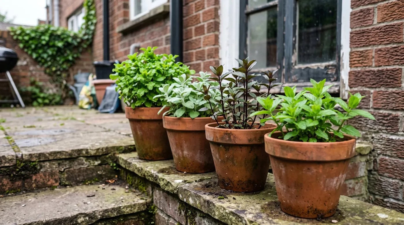 Spearmint, chocolate mint, apple mint and Moroccan mint growing in separate terracotta pots