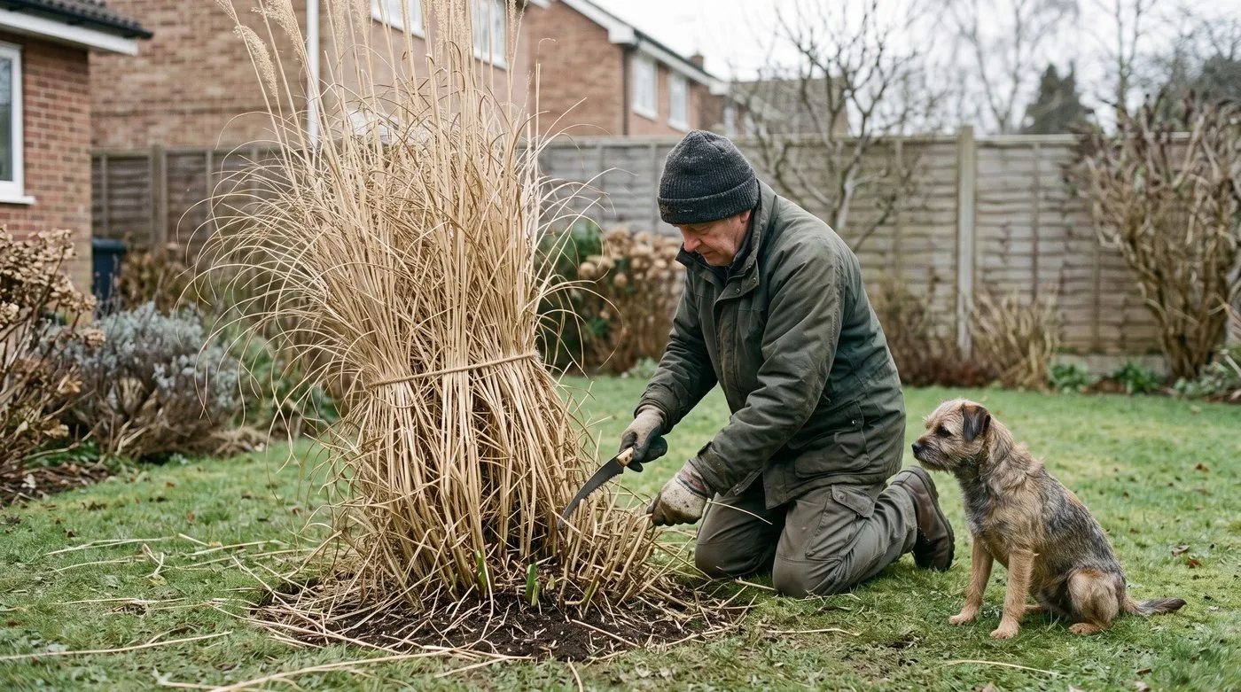 Man cutting a string-tied clump of dry miscanthus down to 10cm, with a terrier watching