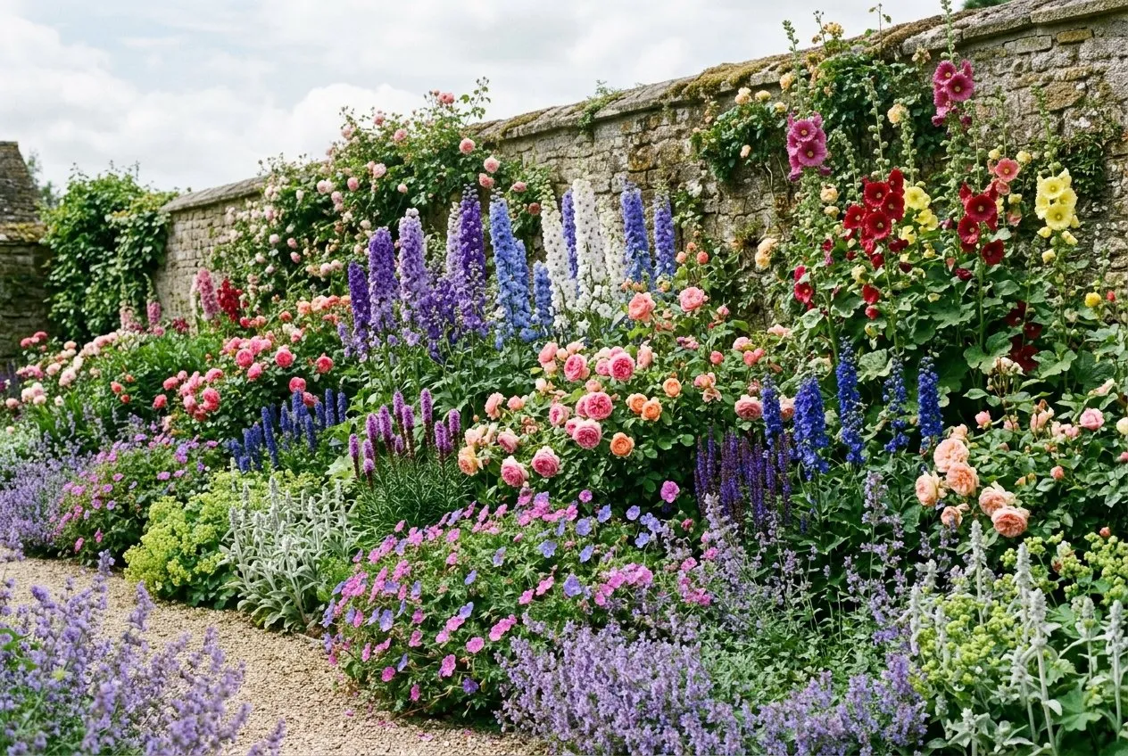 Plan a mixed border showing the three-layer planting depth structure in a UK country garden