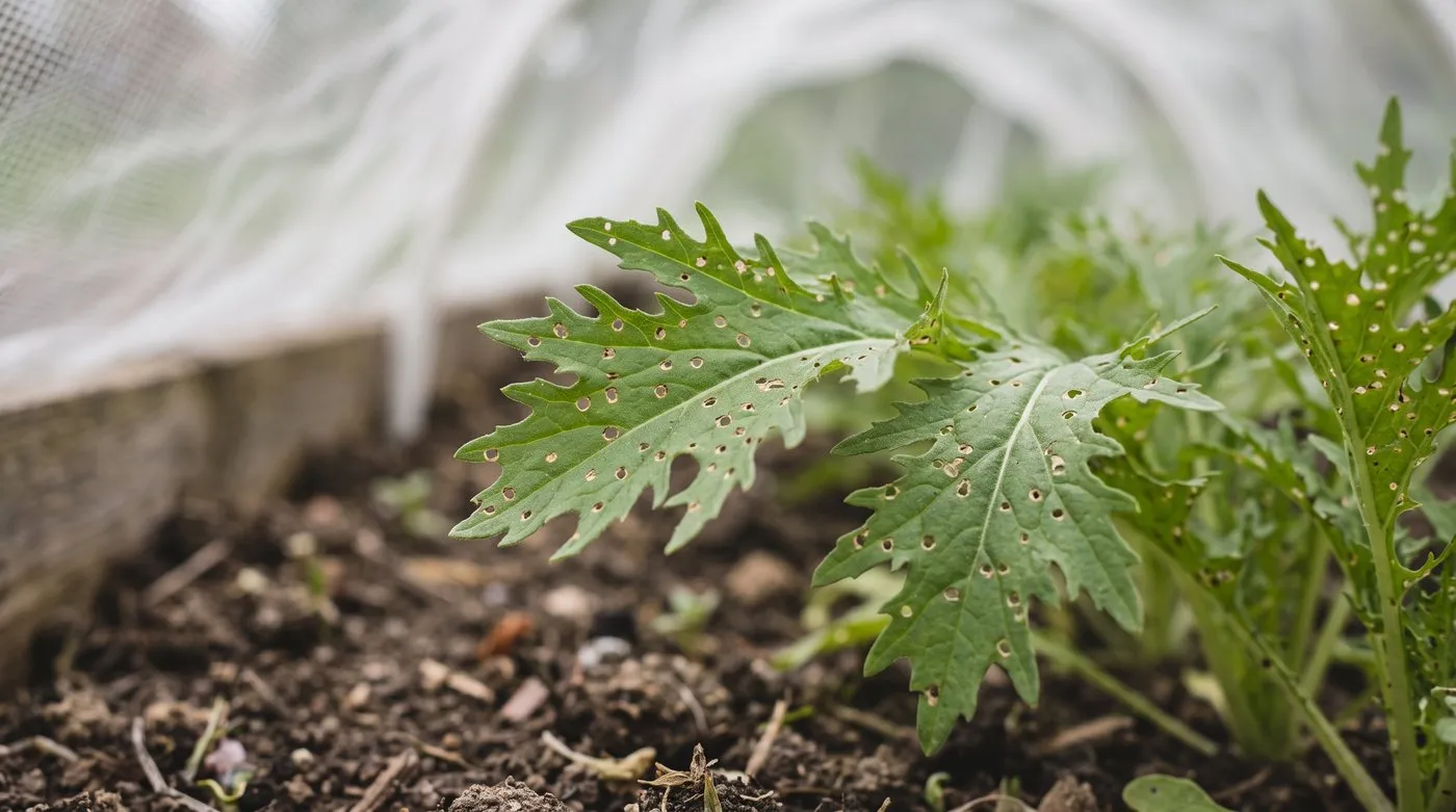 Mizuna leaves peppered with tiny round flea beetle holes, with a meshed row behind