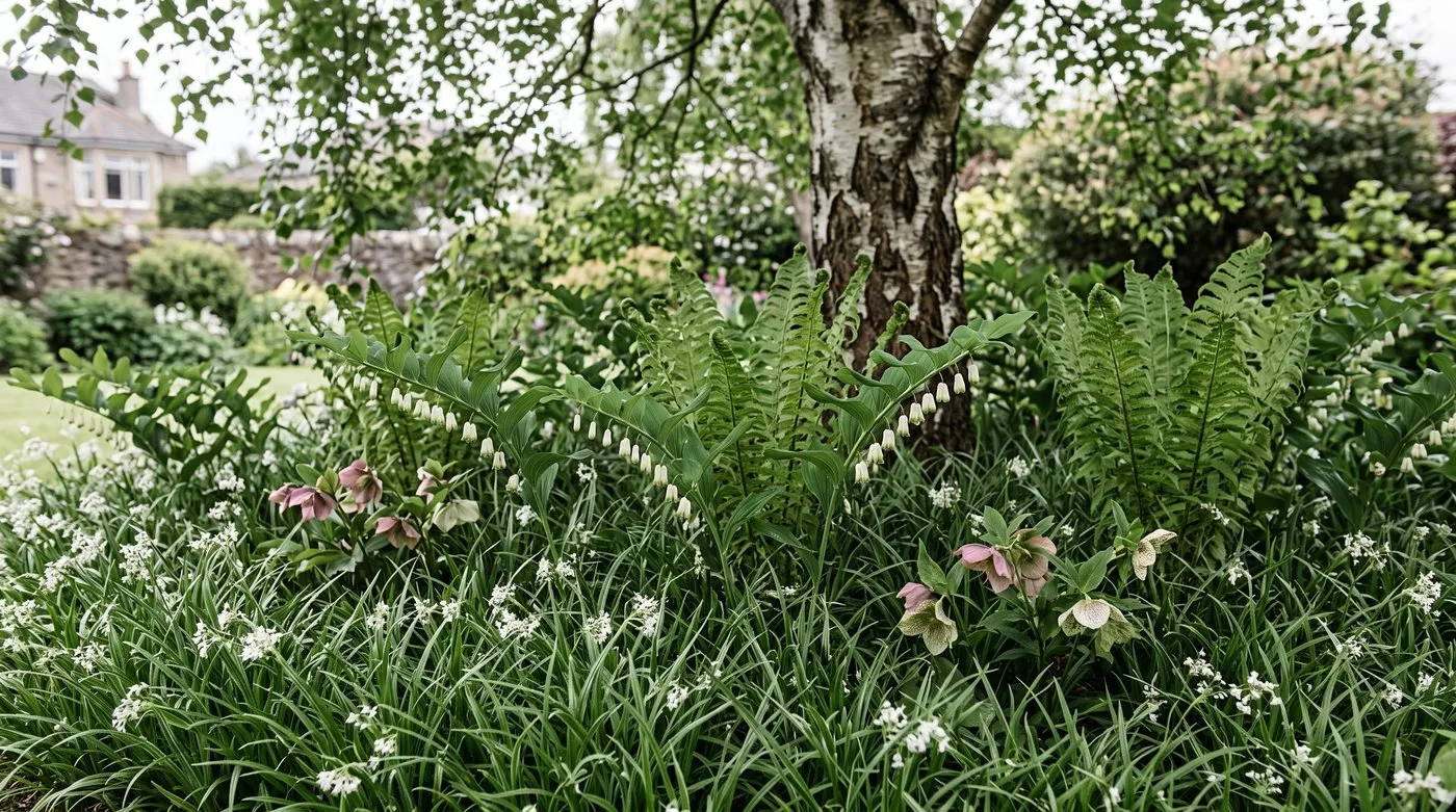 Shady matrix border of white-flowered woodrush with ferns and Solomon's seal repeated through it under a birch