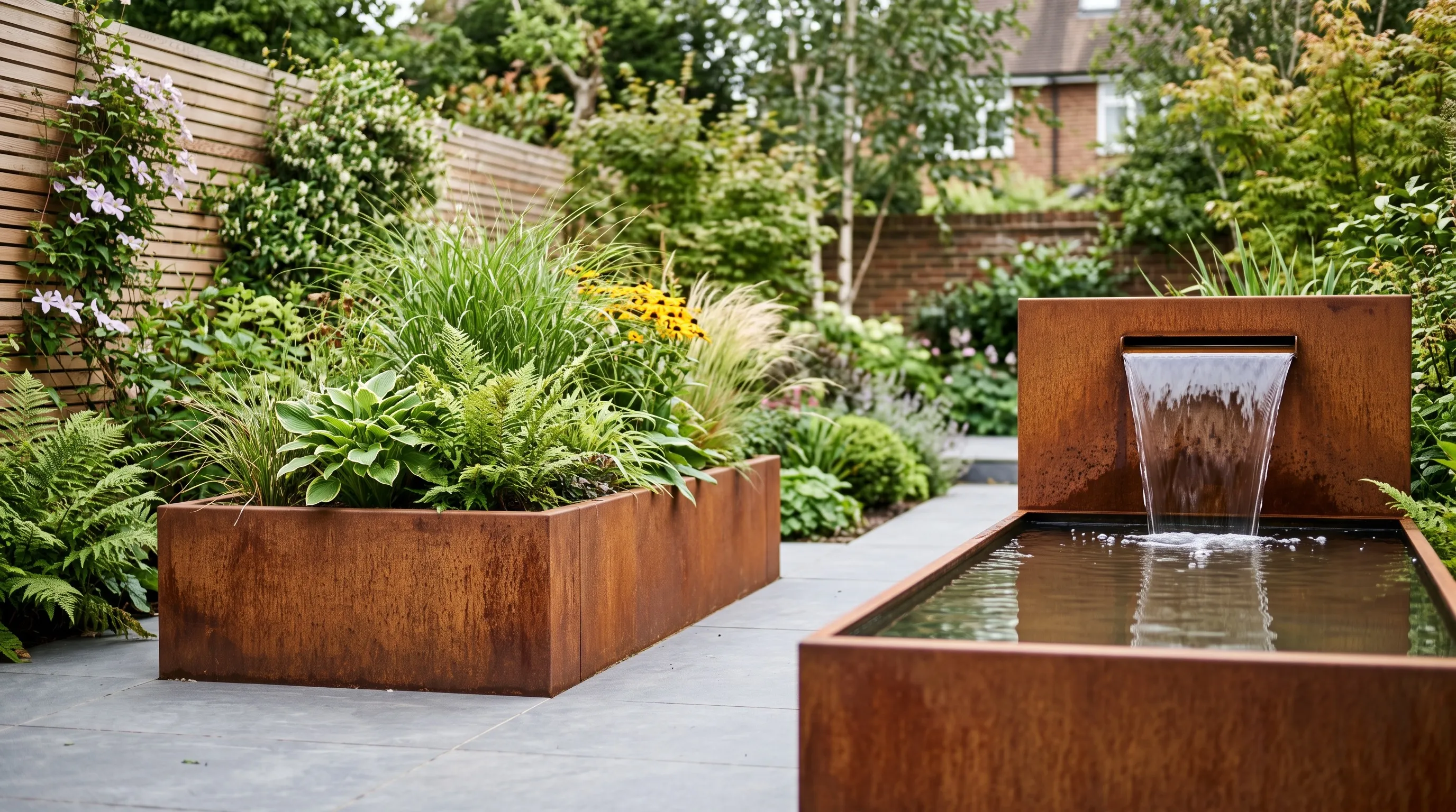 Corten weathering steel planter and matching water feature in a contemporary UK garden