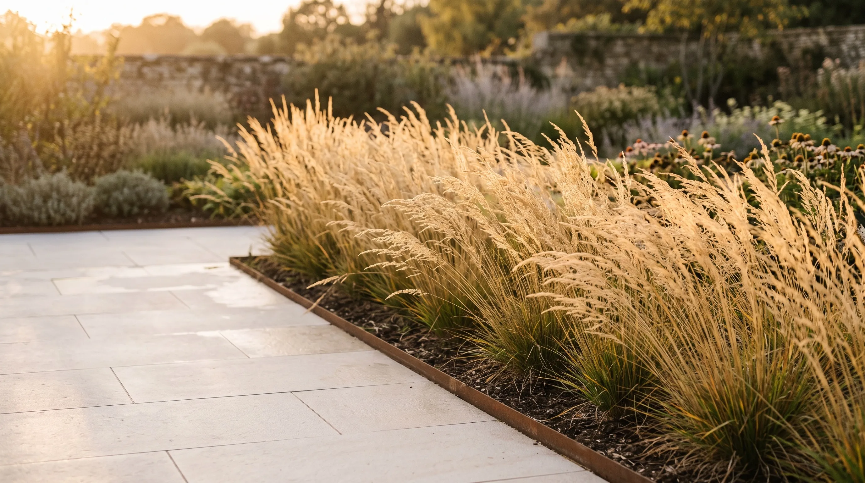 Large-format porcelain paving beside a drift of ornamental grasses in golden light