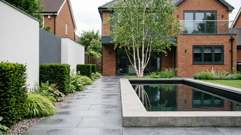 Modernist garden design with porcelain paving, rendered walls, a reflecting pool and a single multi-stem tree