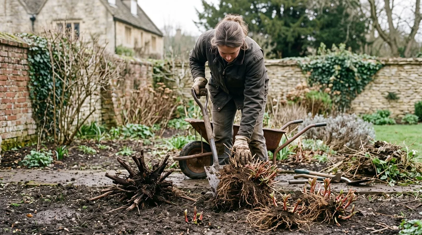 Gardener dividing a lifted monarda clump, discarding the woody middle and keeping the outer pieces